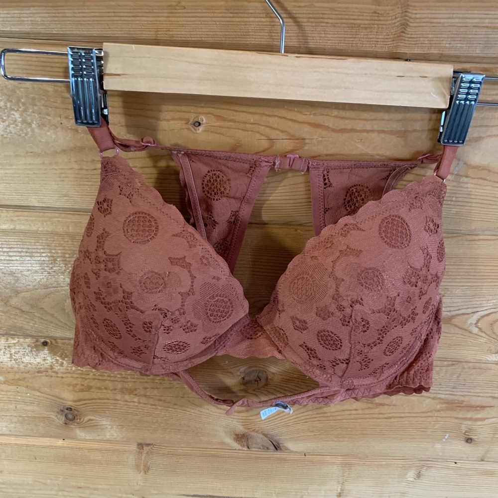 Lace Bralette Women 36B Burnt Orange Floral Padded Convertible Racerback Aerie
